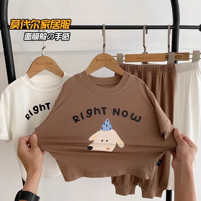 2024短袖春夏季新款男童宝宝卡通莫代尔家居服套装儿童款睡衣薄款