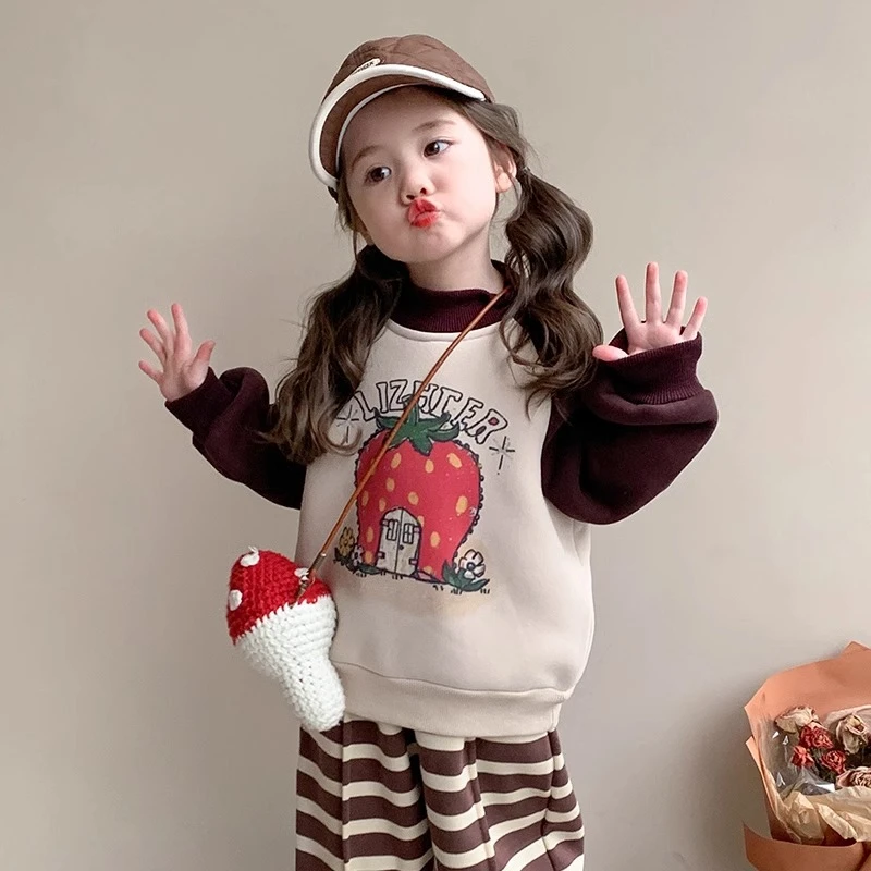 女童洋气宽松秋冬季加绒卫衣女宝宝2024新款加厚保暖上衣冬装休闲