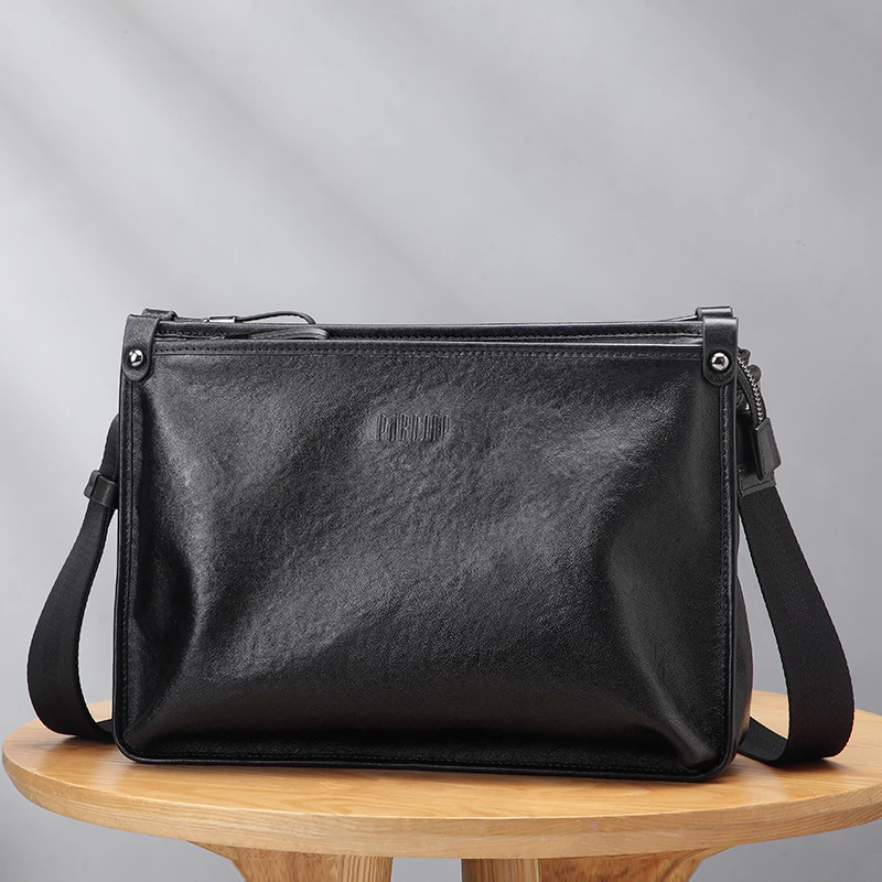 派保爵头层牛皮单肩包质感男士背包休闲商务真皮斜挎包公文包2102