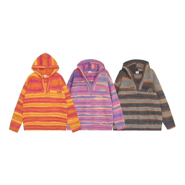 慵懒风麦当劳刺绣毛衣男女连帽美式情侣针织套头外套学院风