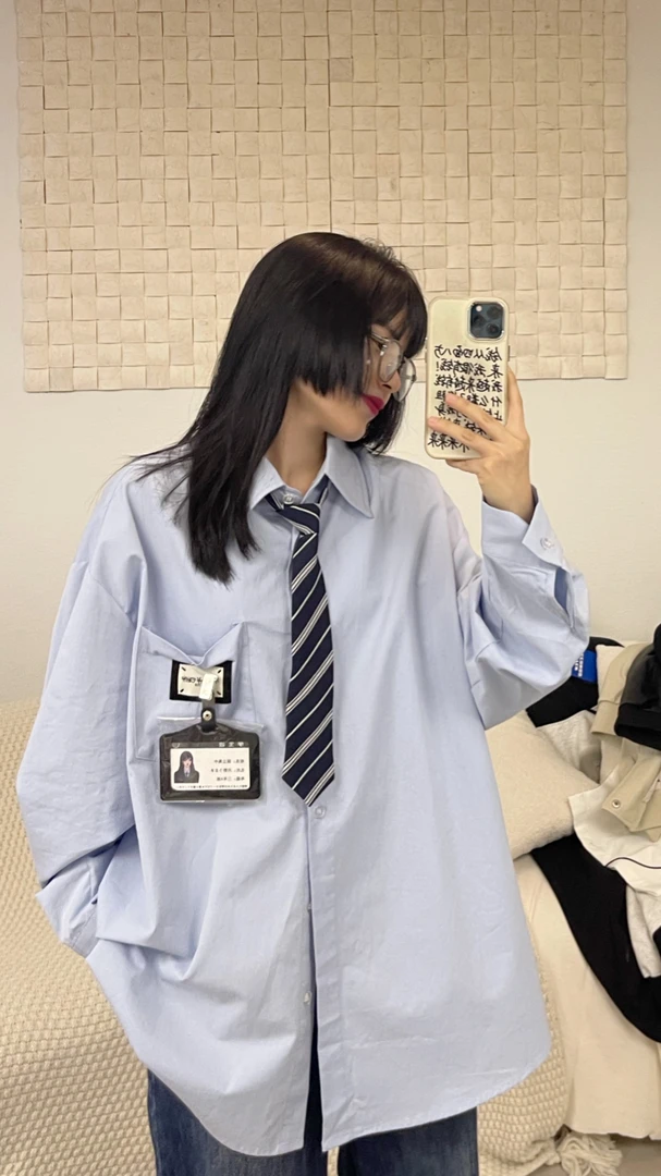 美式复古条纹学院风长袖衬衫男女宽松配领带衬衣外套