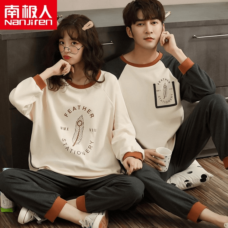 nanjiren/南极人 情侣睡衣男士女士长袖圆领棉套装时尚休闲可外穿家居服套