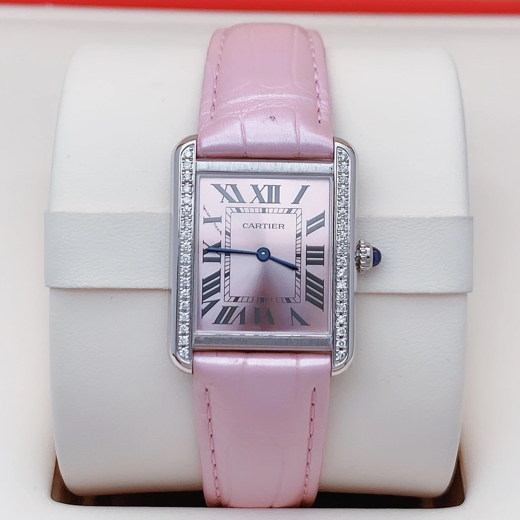 95新 Cartier/卡地亚 24×31mm小号坦克W5200000粉盘后镶钻石英女