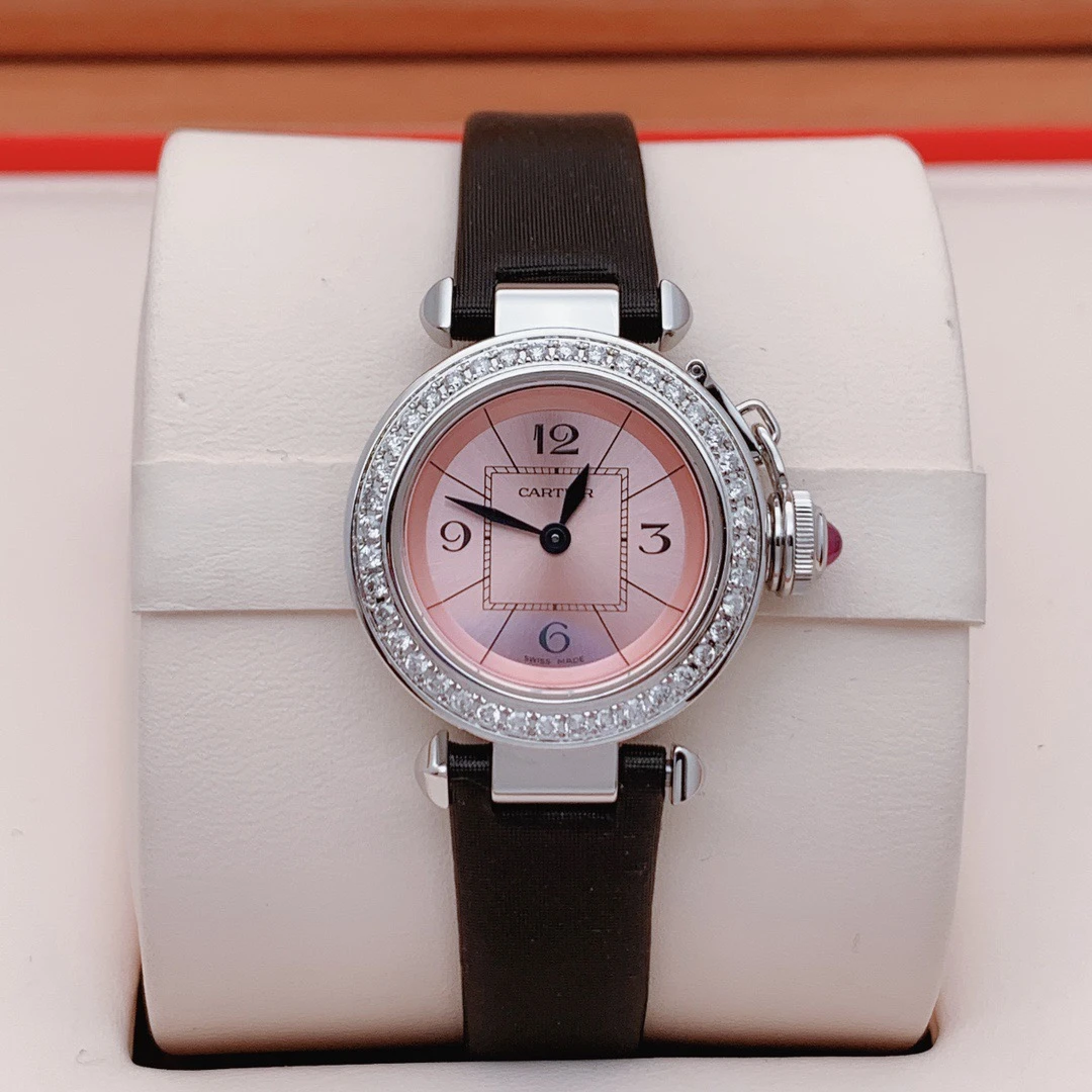 95新 Cartier/卡地亚 帕莎W3140026/粉盘后镶钻/27mm/女士腕表