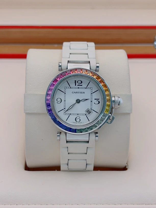 95新 Cartier/卡地亚 帕莎系列W3140002后镶彩虹33mm女士 石英