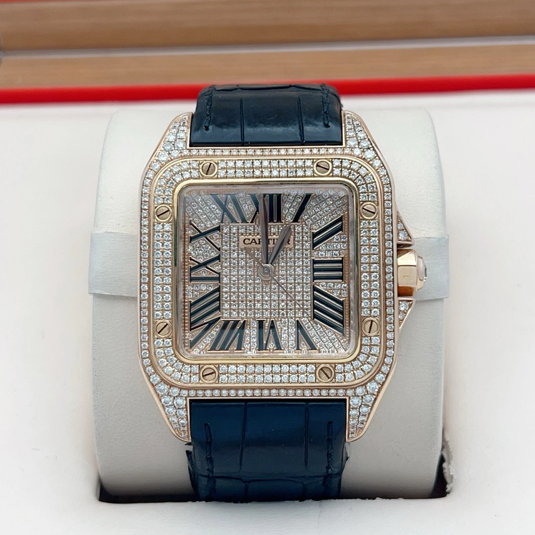 95新 Cartier/卡地亚 大号桑托斯山度士W20124U2玫瑰金后镶钻