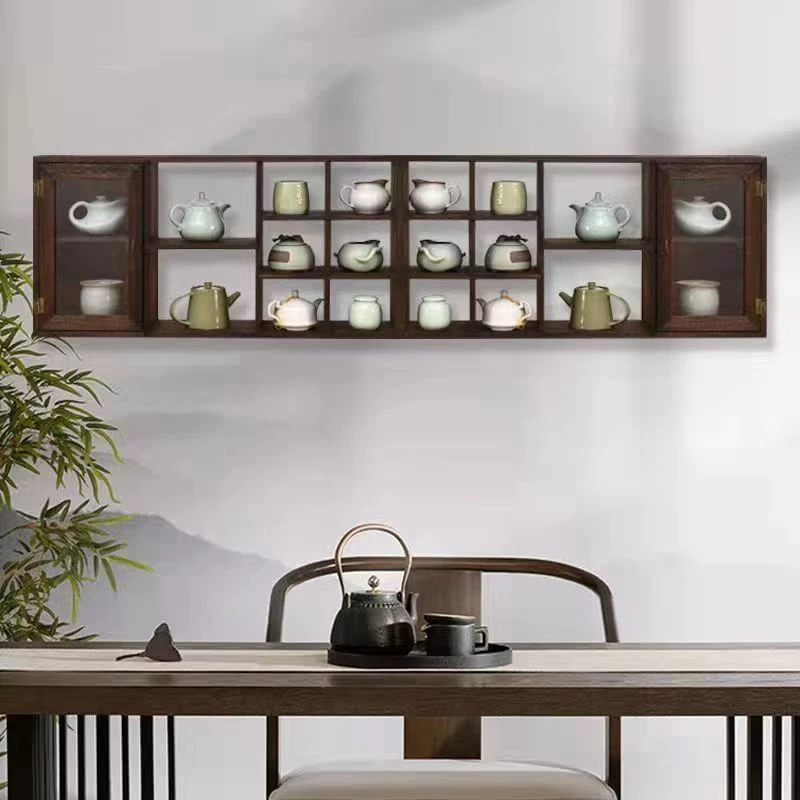 实木防尘组合壁挂博古架隔断多宝阁简约茶具茶具架茶壶架展示架子