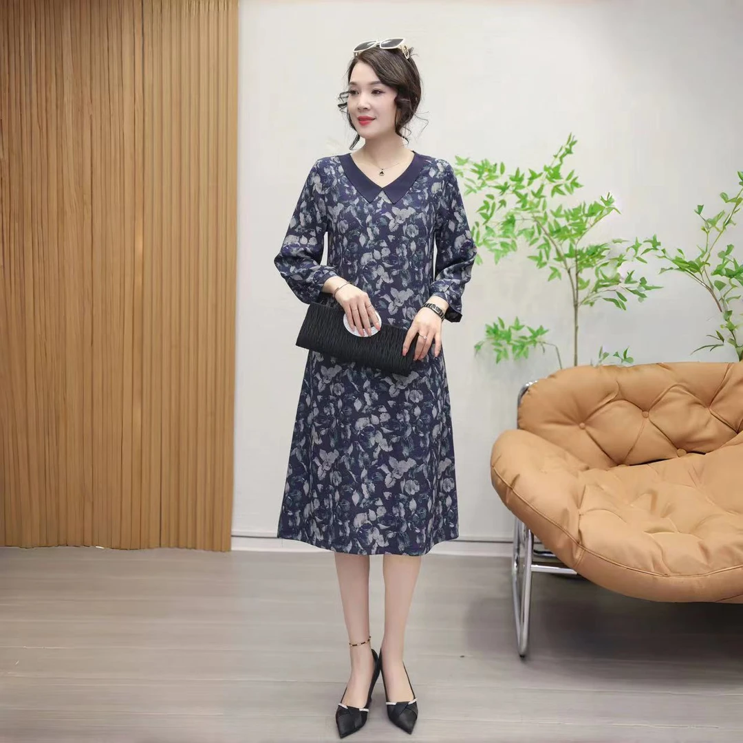 （蓝色妖姬）秋季新品中长袖时尚显瘦遮肉气质宽松连衣裙