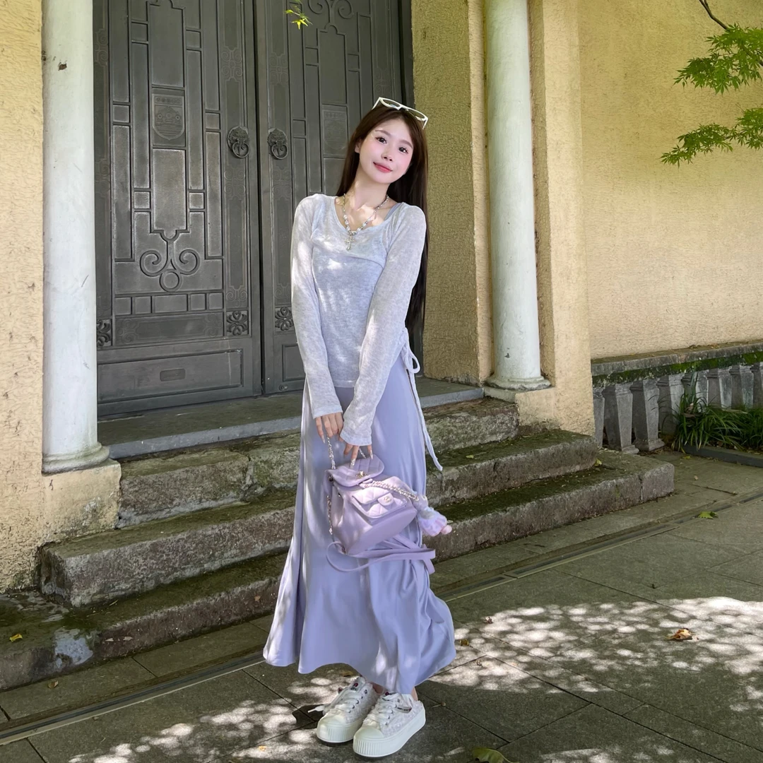 青苍【香芋孤岛】夏季新款显瘦气质长袖紫色少女套装2024甜美风穿搭