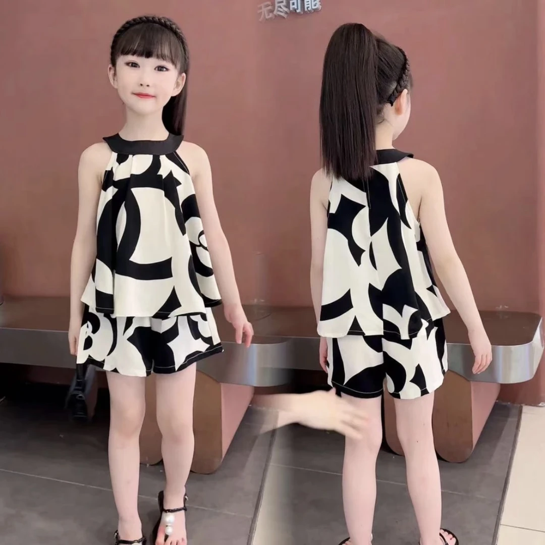 女童夏季山茶花挂脖碎花套装2024新款时尚洋气网红吊带背心裤子