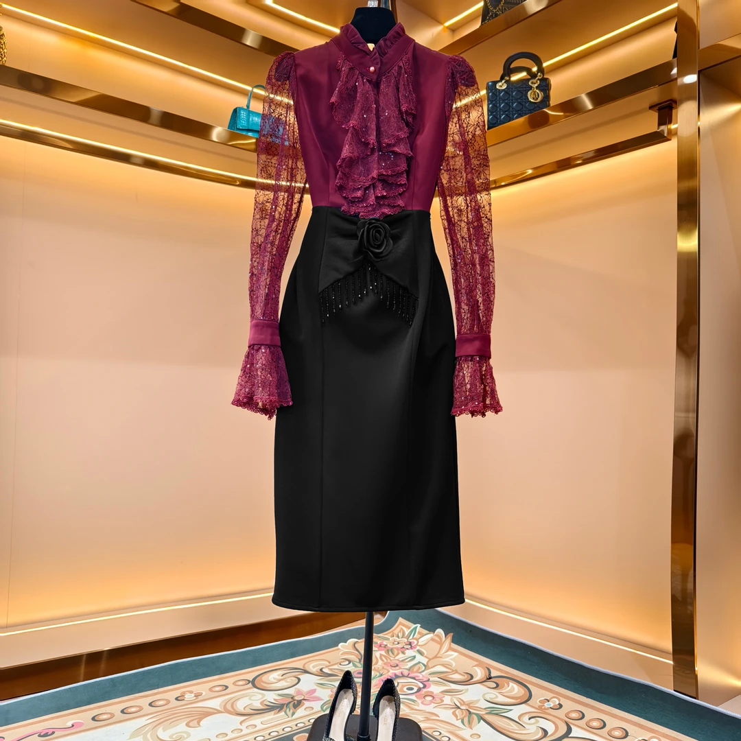 【香舍菲尔】春秋新款重工亮片法式复古拼接气质显瘦连衣裙女-82995