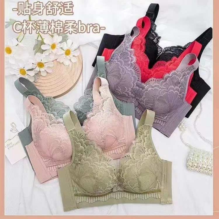 高档蕾丝文胸无钢圈乳感棉薄款收副乳奢华五排大胸显小调整型内衣