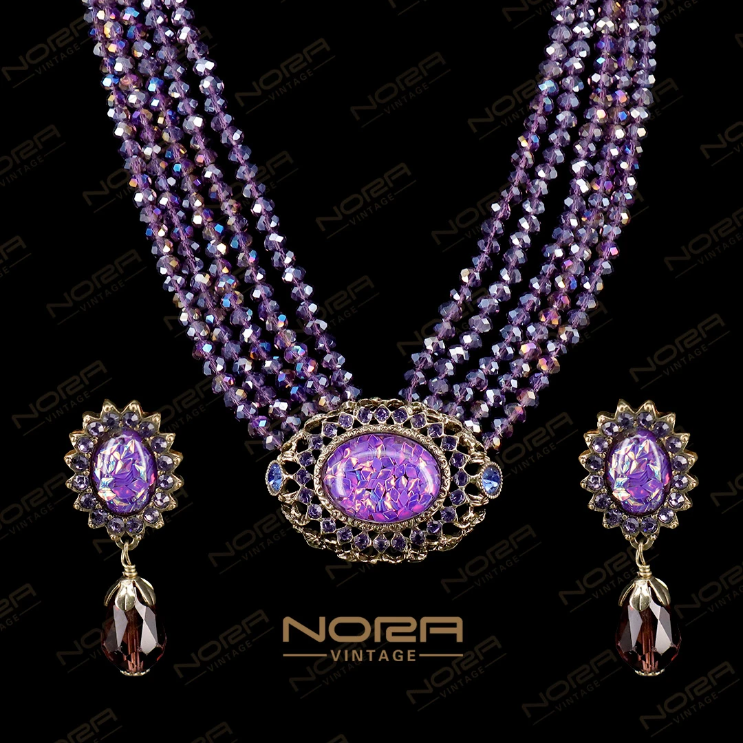 合金合成锆石项链 中古做旧紫色琉璃太阳花套装｝