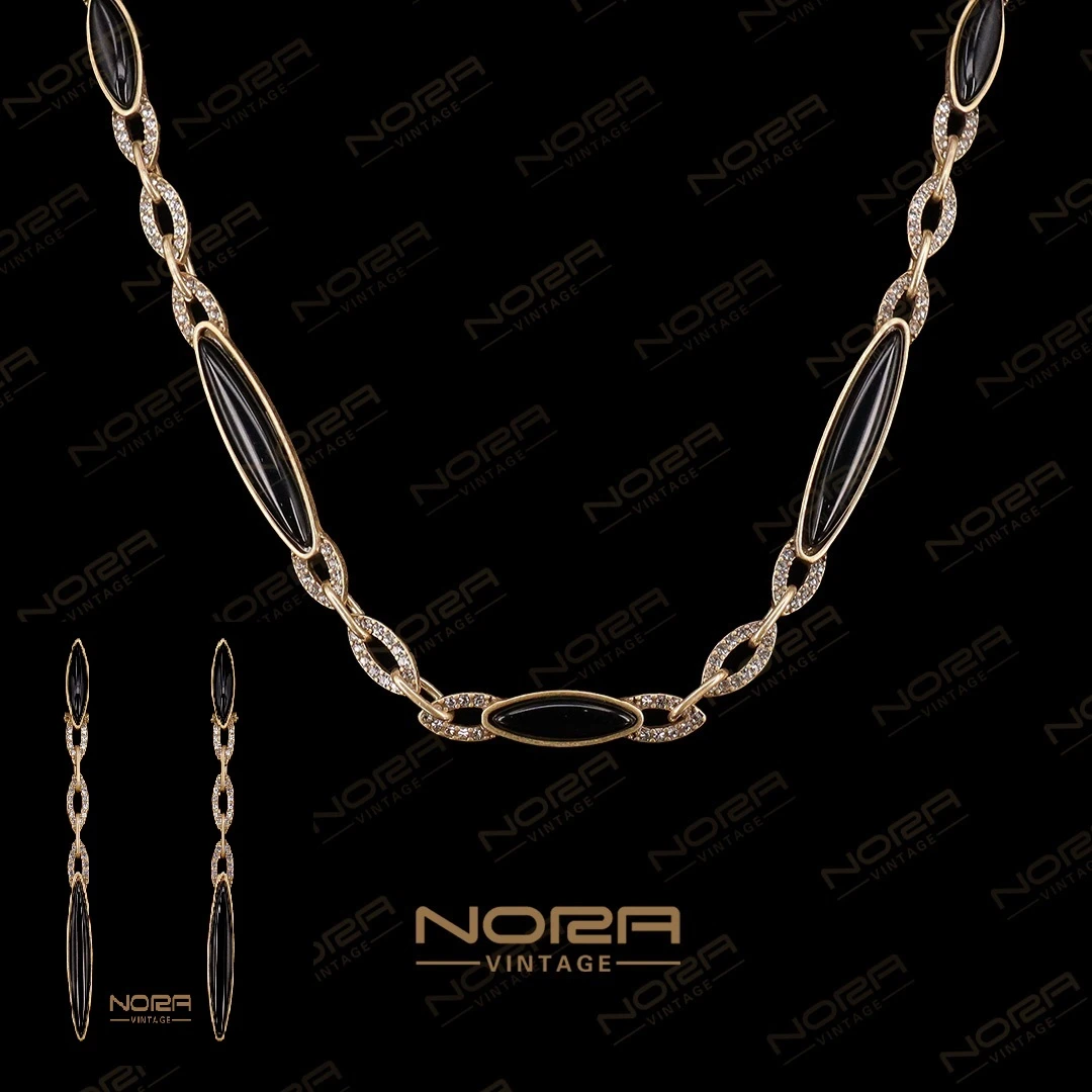 合金合成锆石项链 复古黑色线条感Vintage长项链套装☆