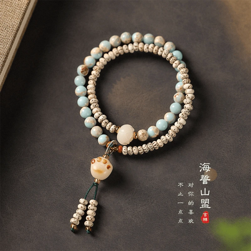 原创新中式天然星月菩提双圈手串女款炭烤小猫拼接寿山石文玩盘玩