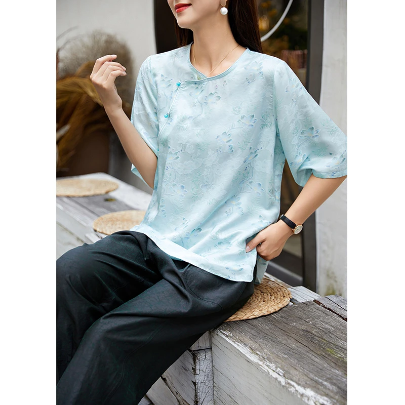 【爱莲说】100%桑蚕丝重磅22姆米夏季复古宽松文艺中国风圆领F4300