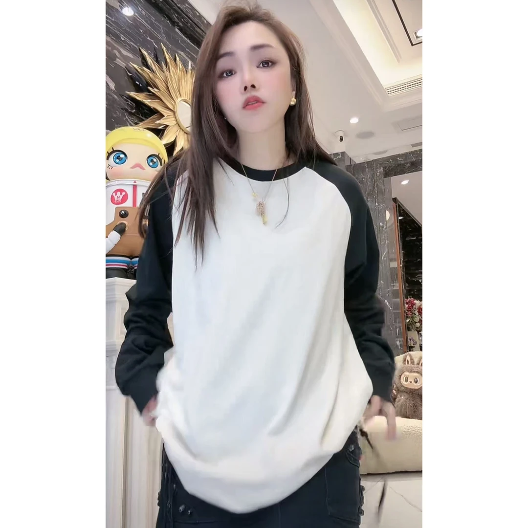 包哥-大版【263黑拼色条纹鸡仔】长袖潮休闲秋冬2024款爆款T恤圆领