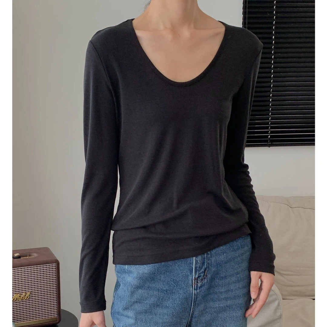 U领纯色打底衫女2024年秋季新款时尚百搭宽松休闲长袖简约上衣