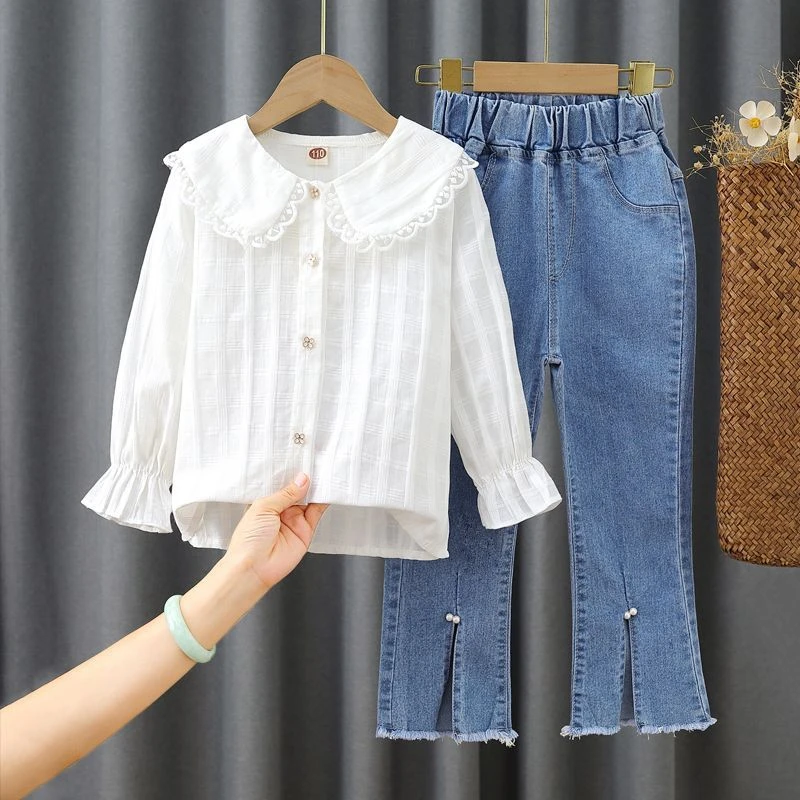 女童套装2024年韩系洋气公主风小童长袖白色衬衫牛仔裤春秋两件套