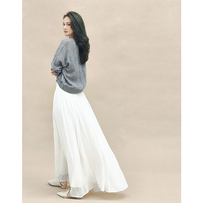 美洋MEIYANG 玉芙半裙 棉麻混纺|垂坠飘逸松紧腰荷叶边仙女白裙子