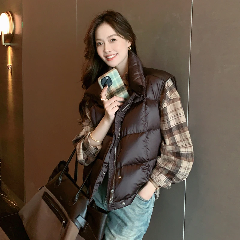 美洋MEIYANG 黑巧鹅绒马甲 50+皮毛一体*哑光缎面|拼接羽绒服马夹