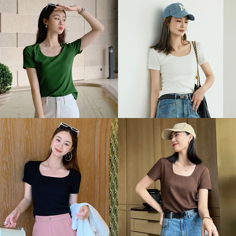 【尤莱特】美洋MEIYANG方程式小众T恤法式复古简约坑条方领短款短袖