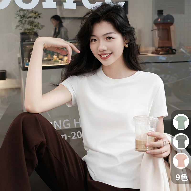 美洋MEIYANG【雅丹风】瘦瘦短袖T嘎嘎显瘦圆领正肩弹力短款修身上衣