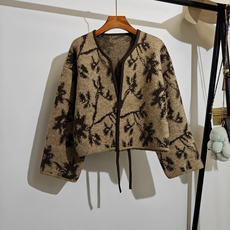 复古提花毛衣开衫外套女秋冬新款韩版宽松气质短款针织衫上衣加厚