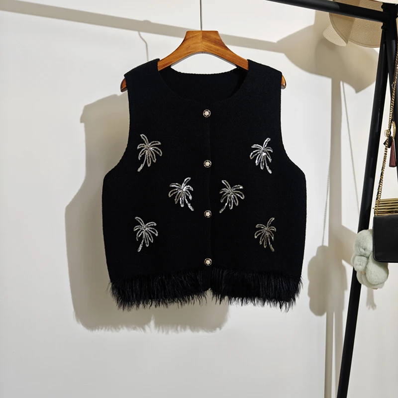 黑色亮片重工毛衣马甲开衫女秋冬新款无袖坎肩针织衫背心上衣外搭