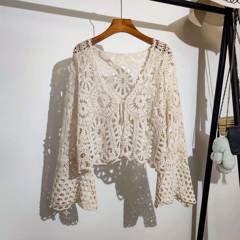 勾花镂空系带针织开衫女夏季吊带裙子外搭长袖短款披肩上衣度假风