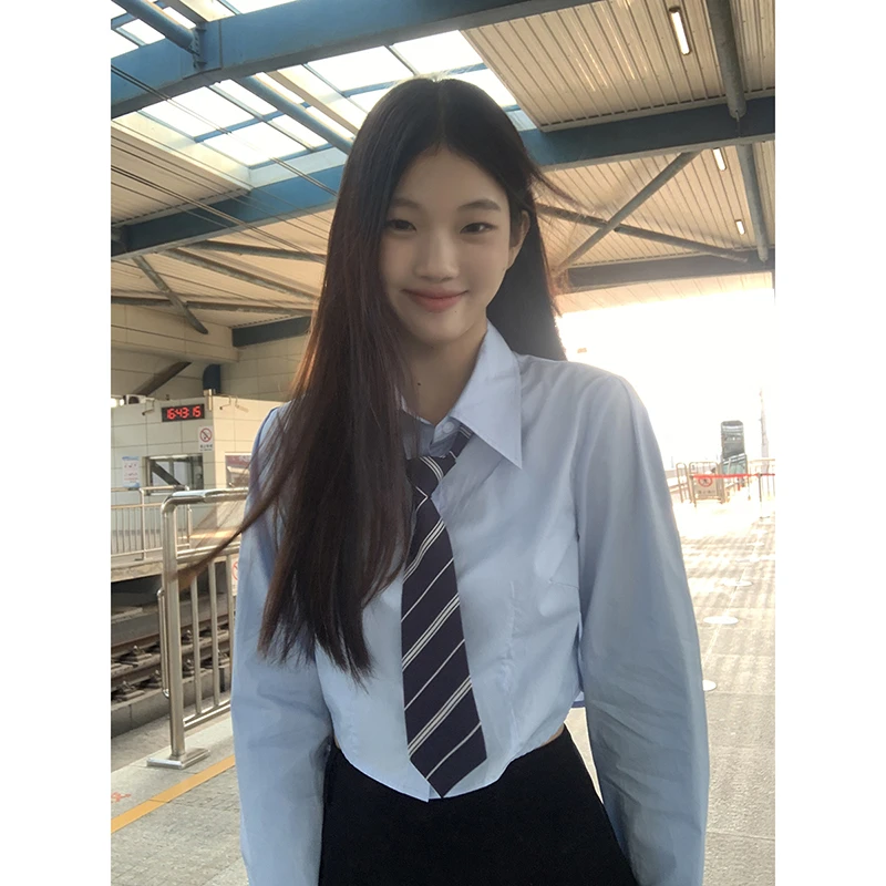 环球影城衬衫】秋季韩版蓝色衬衣时尚百搭学院风长袖衬衫233Y1470#
