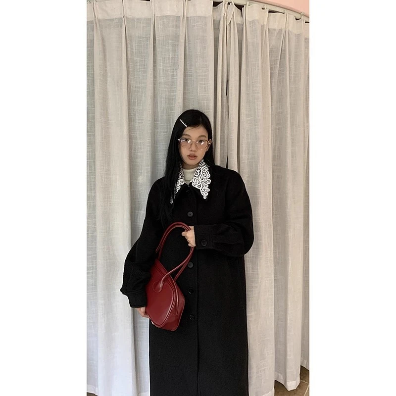 【清仓】冬季新韩系高级感赫本风翻领中长款毛呢外套234V2357#