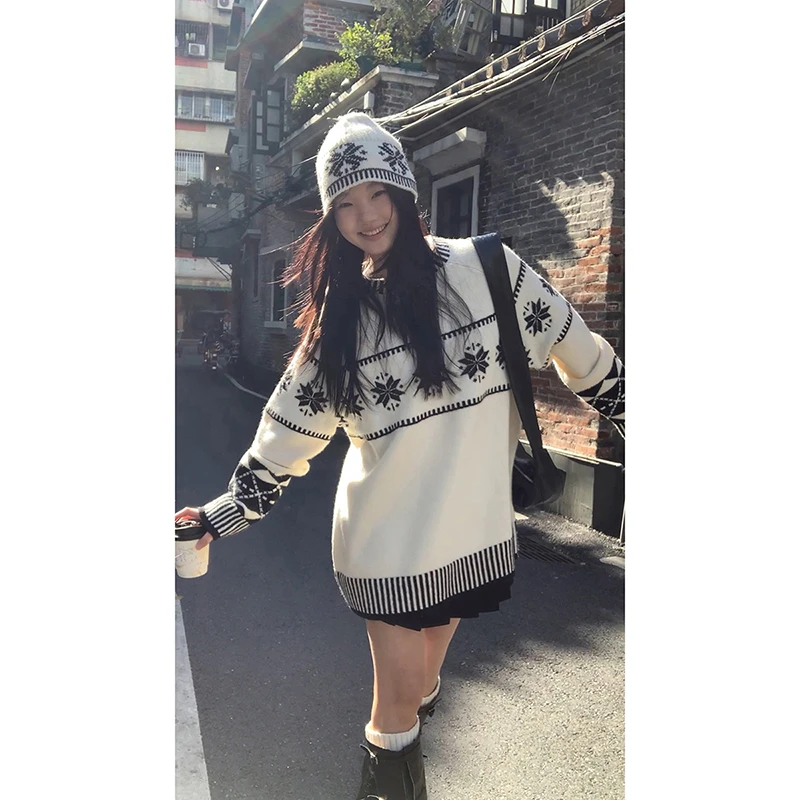 【奶油慕斯】冬季宽松毛衣慵懒风套头韩版撞色圆领针织上衣DJ241010