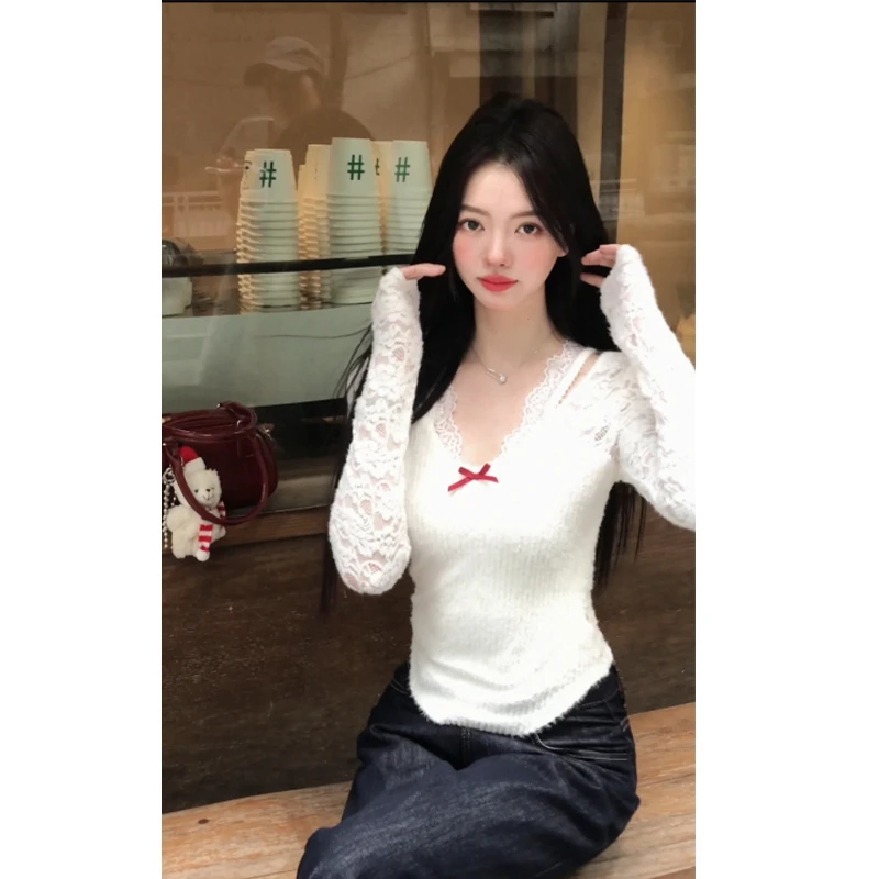 【雪松树下】蕾丝打底衫秋冬ins时尚气质修身法式设计感T恤244X3549