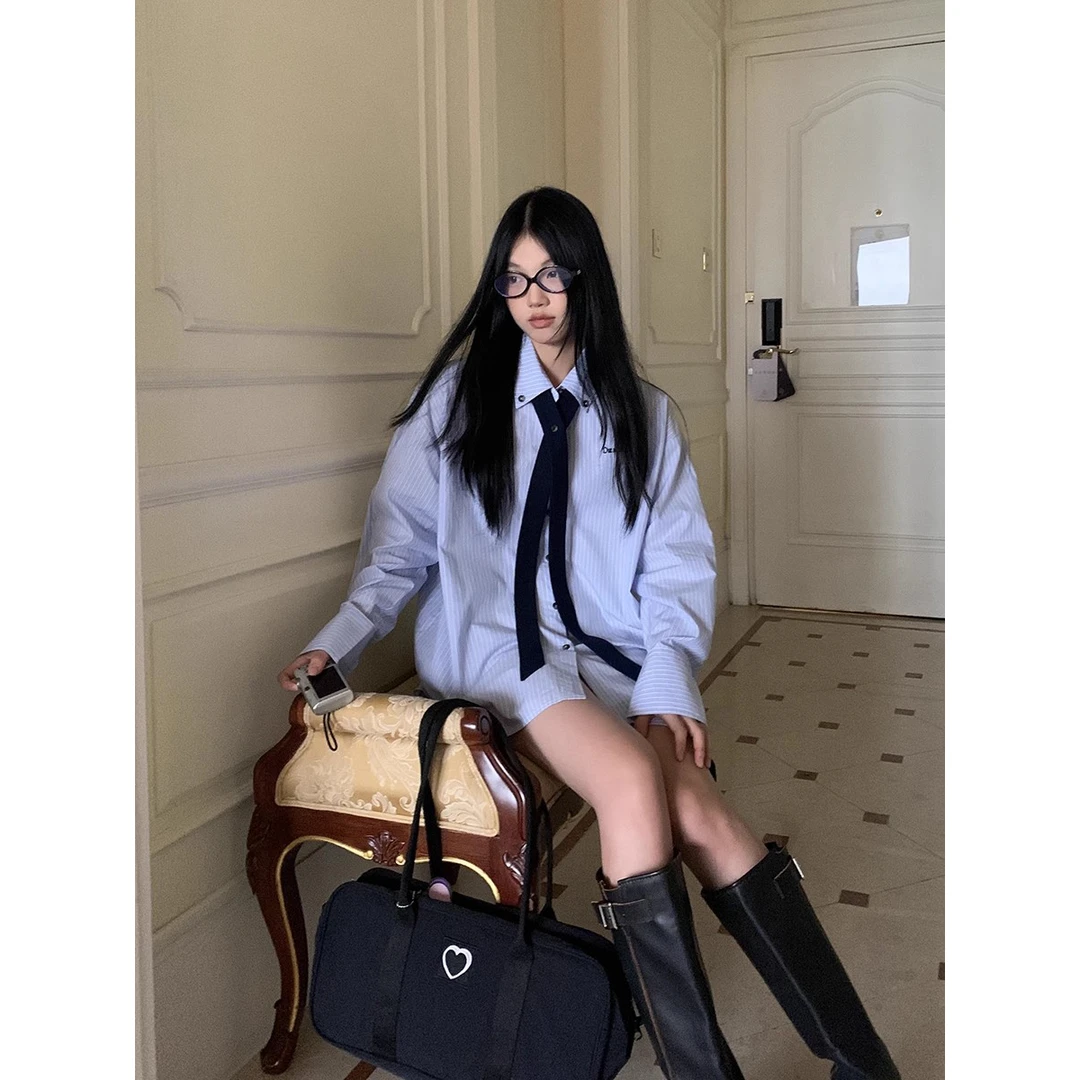 【电影情书衬衫】秋冬宽松衬衣学院风复古百搭纯色长袖上衣234V2646