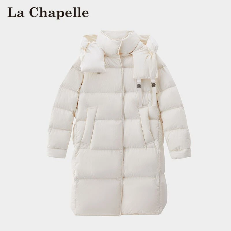 拉夏贝尔时尚运动休闲连帽保暖防风白鸭绒长款羽绒服LA4DWYR0005