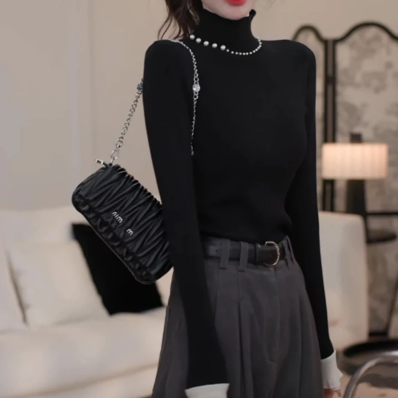 2024秋冬新款设计感气质显瘦百搭纯色修身T恤女加绒打底衫半高领