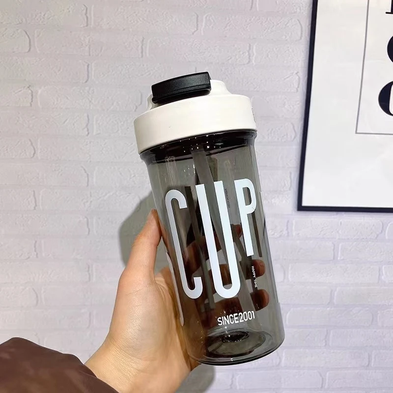 匡迪双饮塑料杯夏季户外水杯带吸管学生杯子男女直饮杯简约防摔杯