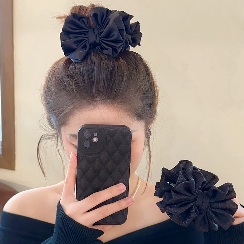 高级感法式丸子头抓夹女2023新款发夹子通勤百搭黑色缎面花朵发抓