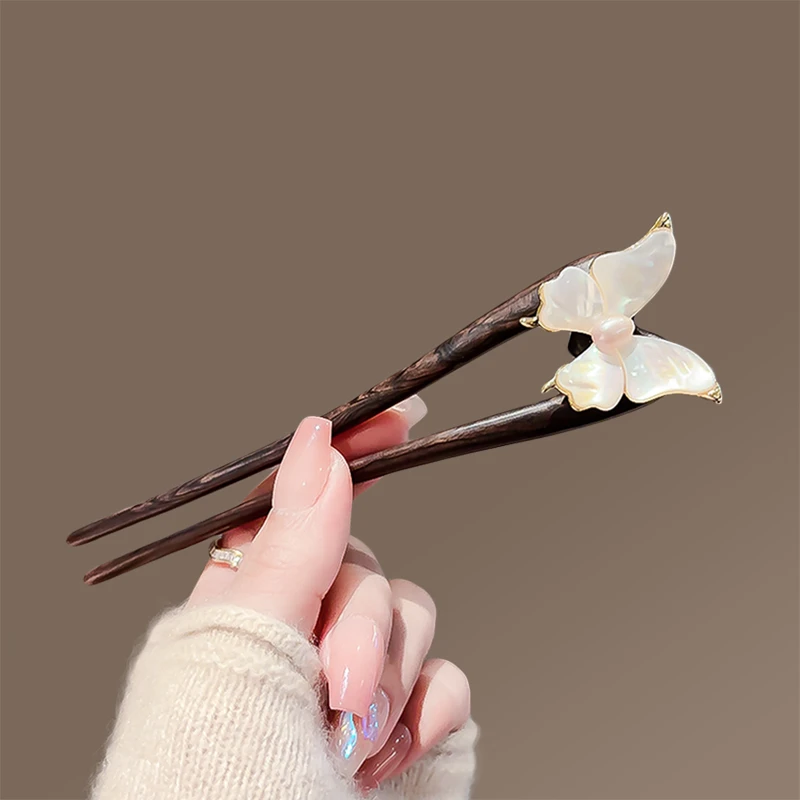 国风蝴蝶贝母发簪女气质盘发檀木簪子双钗U型簪子古风旗袍发饰品