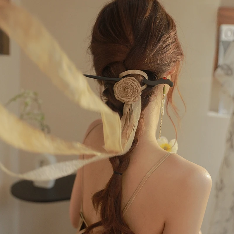 手作复古玫瑰飘带发簪古风高级感流苏簪子新中式旗袍飘逸发带发饰