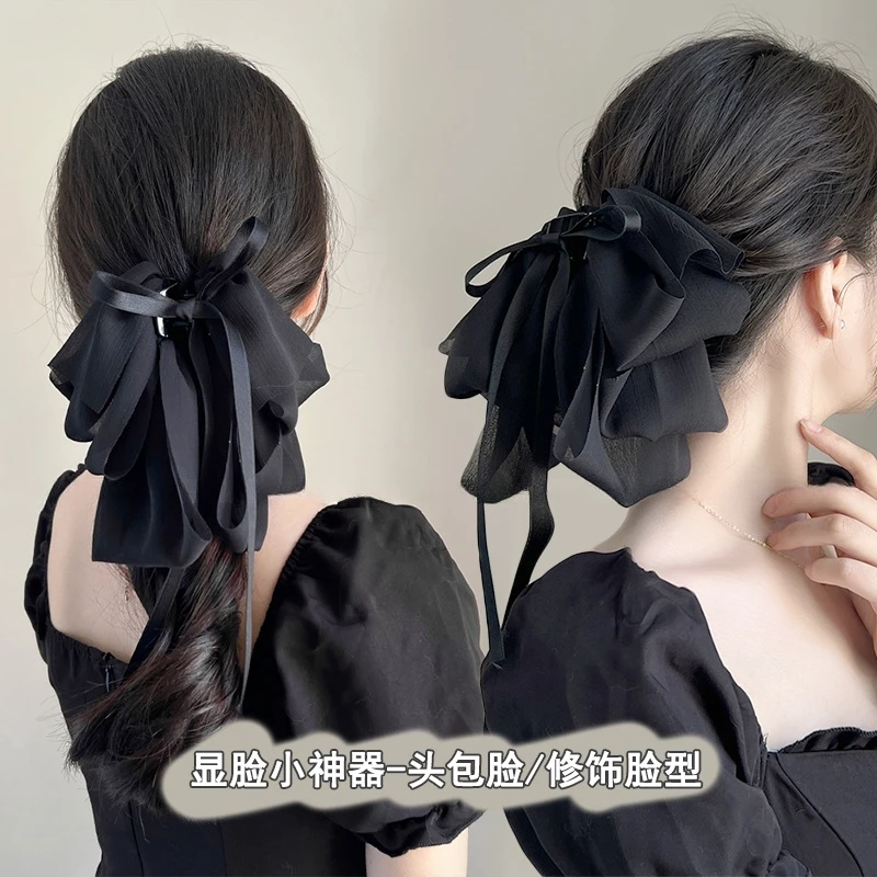 法式温柔显脸小蝴蝶结后脑勺盘发夹子肌理感雪纺纱缎面鲨鱼夹发饰