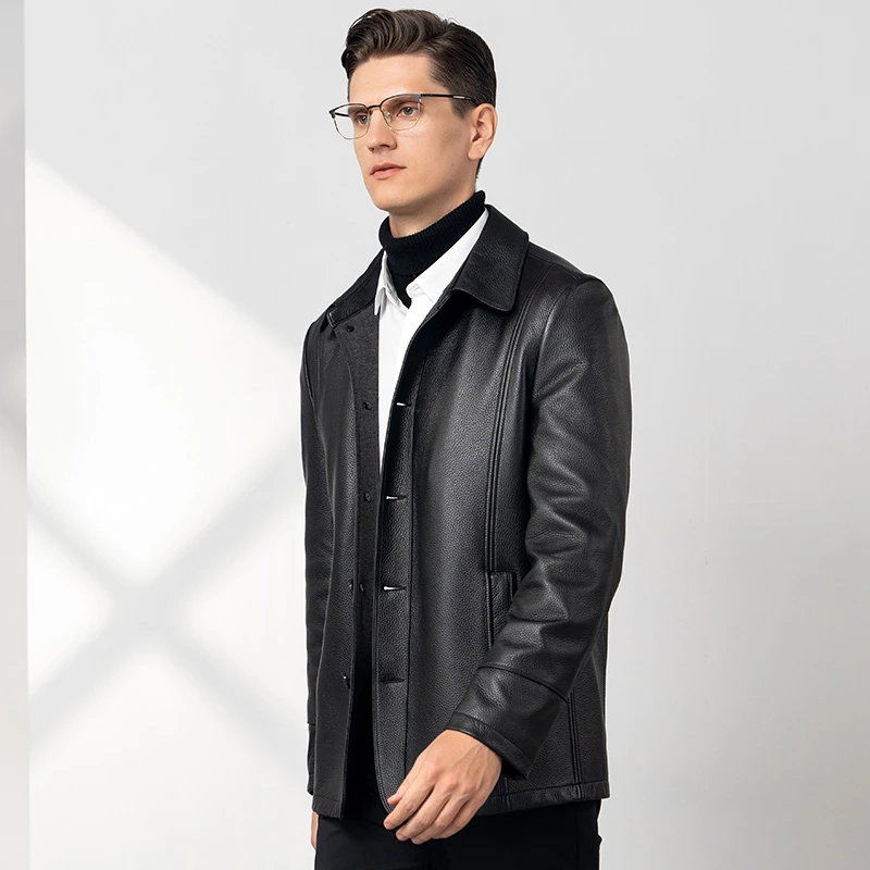雪豹02417真皮鹿皮行政夹克中长款秋冬翻领皮衣男款外套商务男士