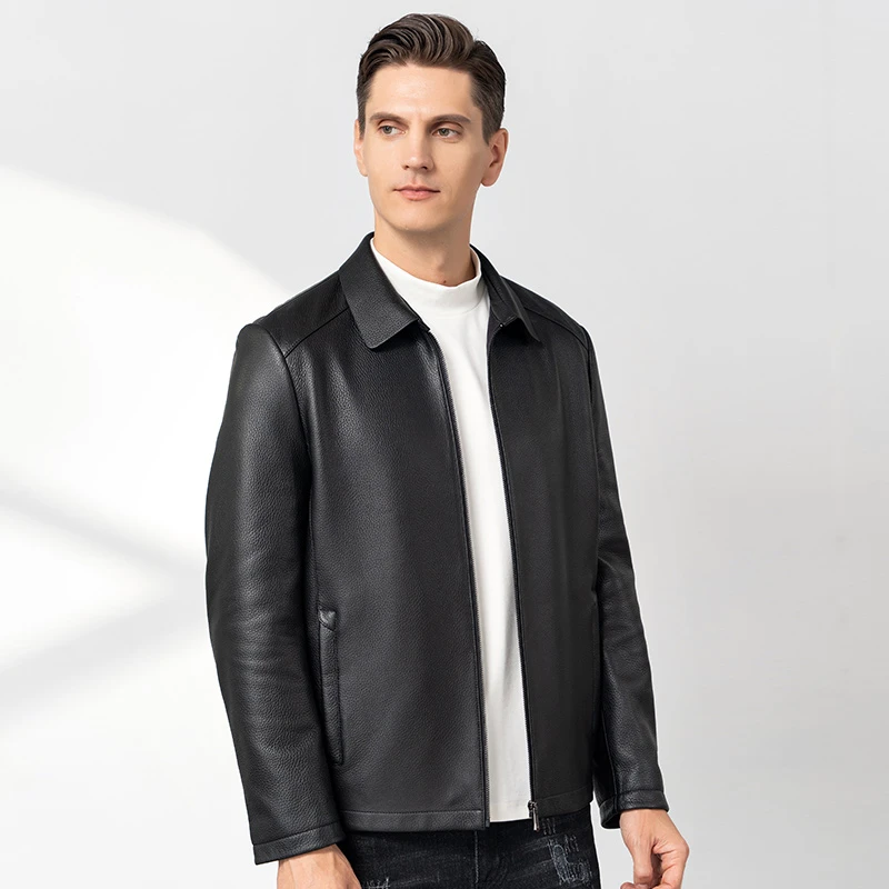雪豹03779鹅绒款鹿皮男士外套真皮皮衣男款翻领商务行政皮夹克