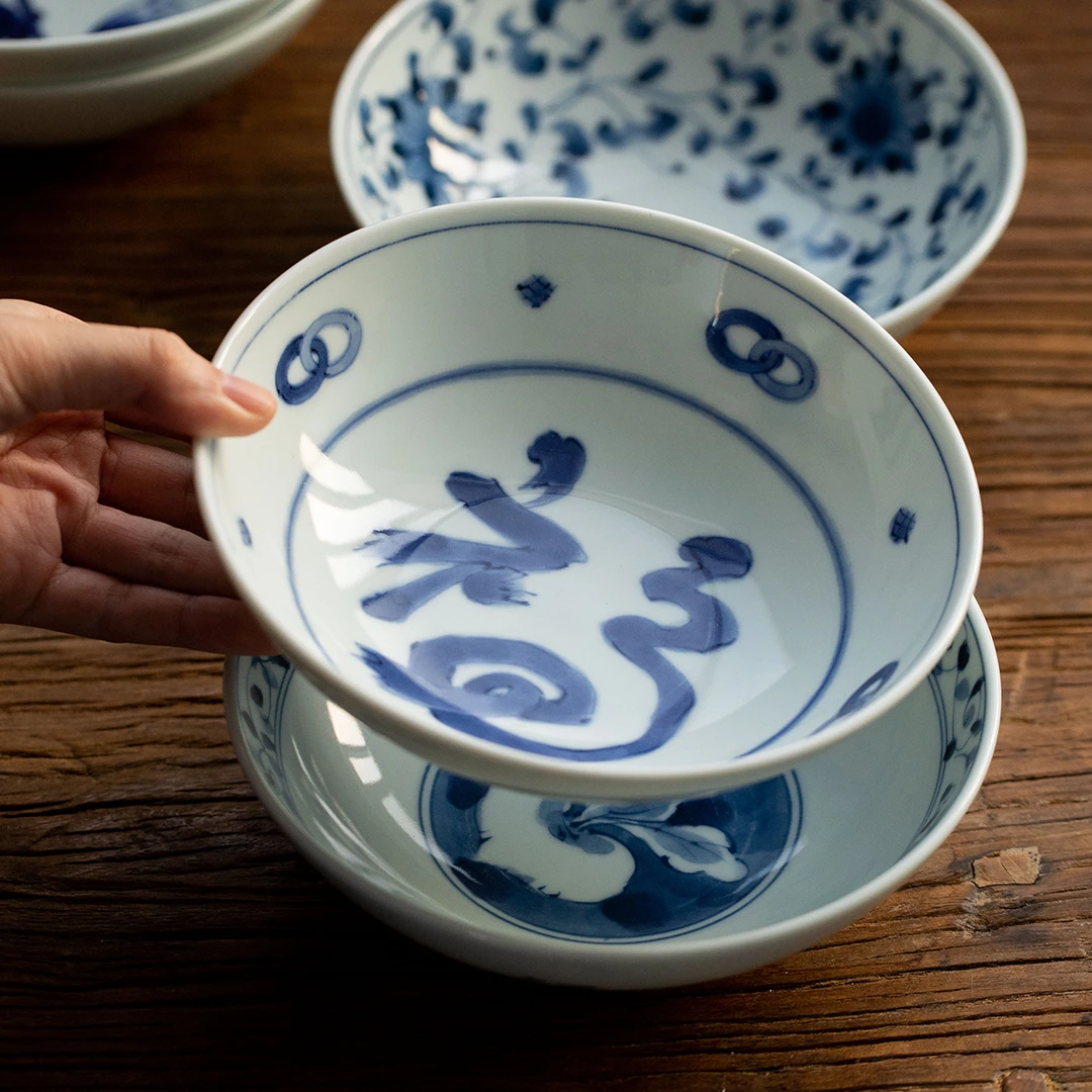 日本进口蓝凛堂青花瓷釉下彩家用汤饭碗装菜深盘子大号汤面碗钵