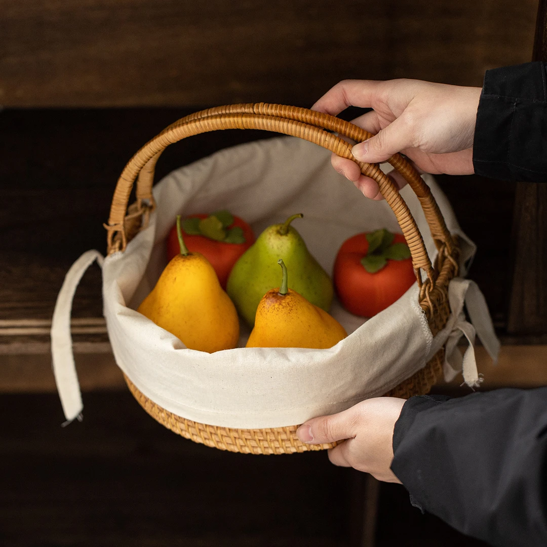 手工藤编筐日式收纳篮零食水果篮双耳收纳筐户外手提野餐面包篮子