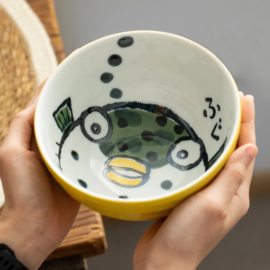 日本进口美浓烧陶瓷餐具家用日式釉下彩黄河豚米饭碗面碗深菜盘碟