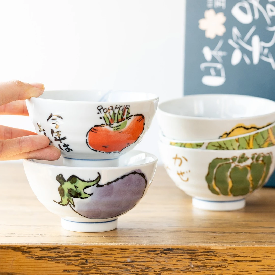 日本制美浓烧西洞窑手绘可爱蔬菜陶瓷釉下彩家用日式吃米饭碗