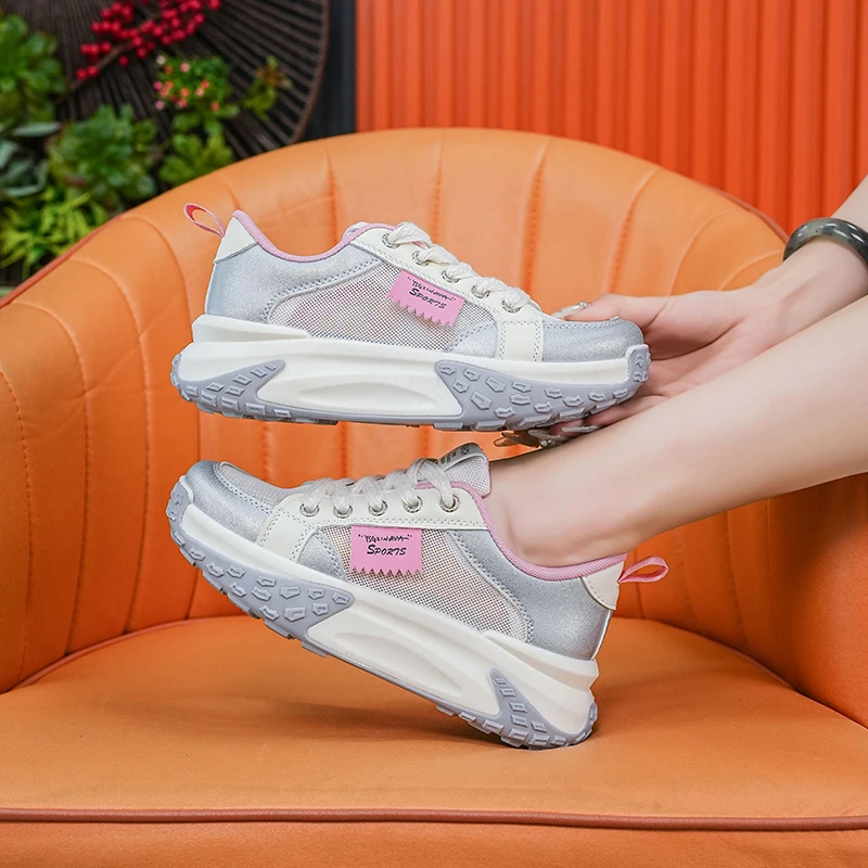 万沃镂空网面小白鞋女夏季2024新款透气凉鞋休闲鞋厚底增高老爹鞋