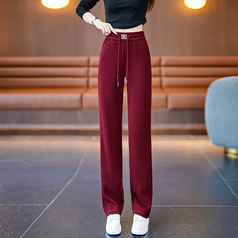 安哥拉红窄版阔腿裤女春秋新款雪尼尔直筒裤高腰垂感爆款休闲女裤